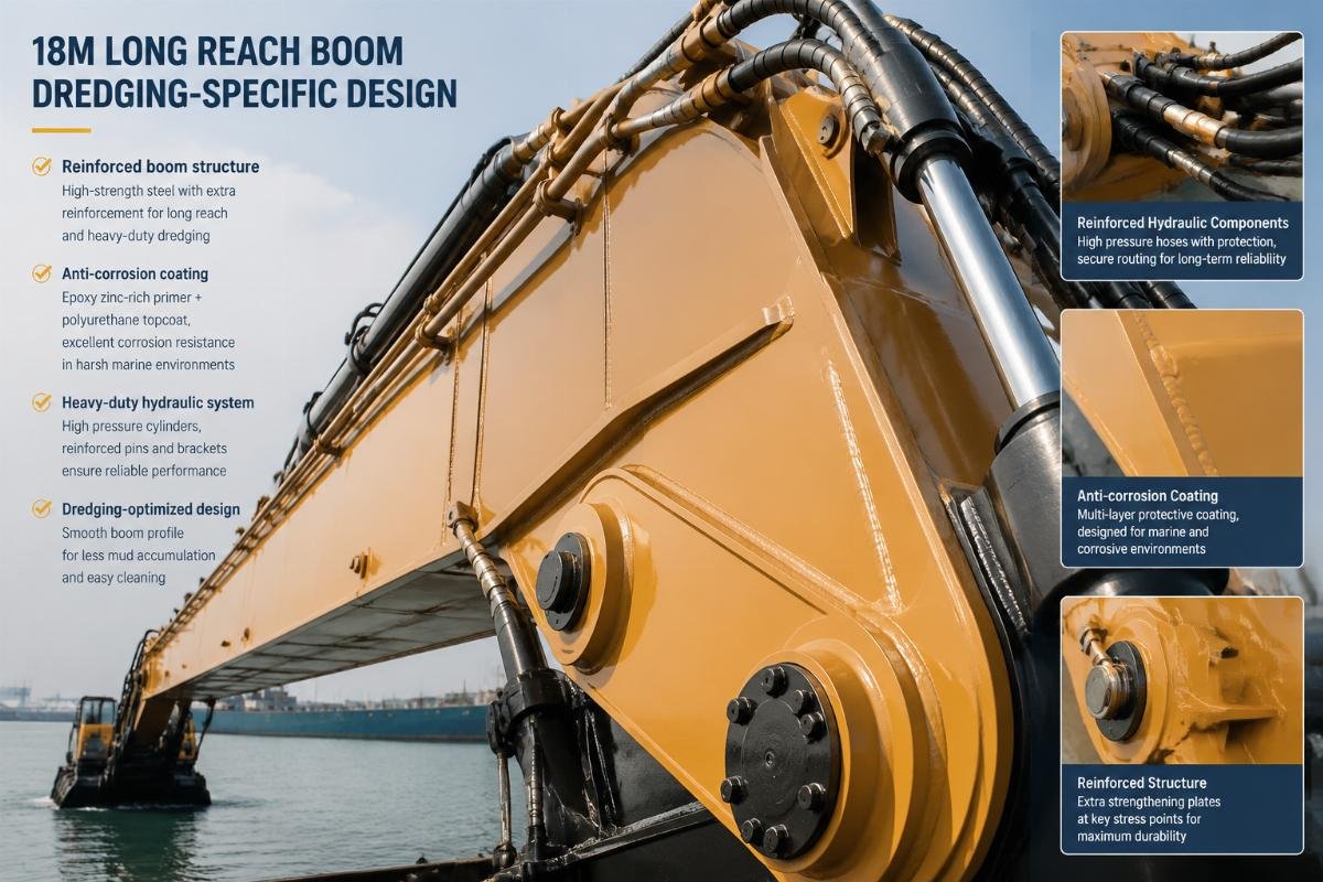 dredging specific long reach excavator custom features Close up of reinforced hydraulic components and anti-corrosion coating on a 18m long reach excavator boom