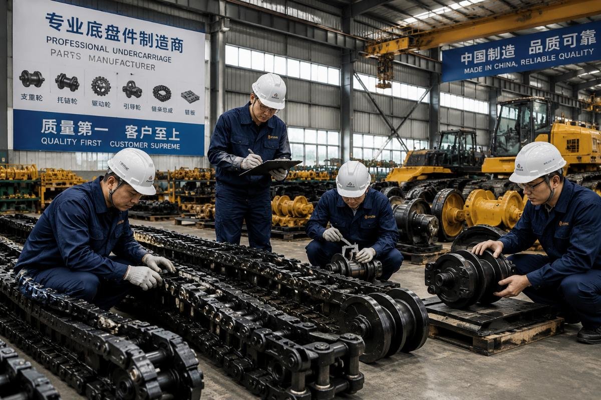 A team of technicians inspecting heavy-duty track chains and undercarriage parts for excavators and bulldozers in a manufacturing facility