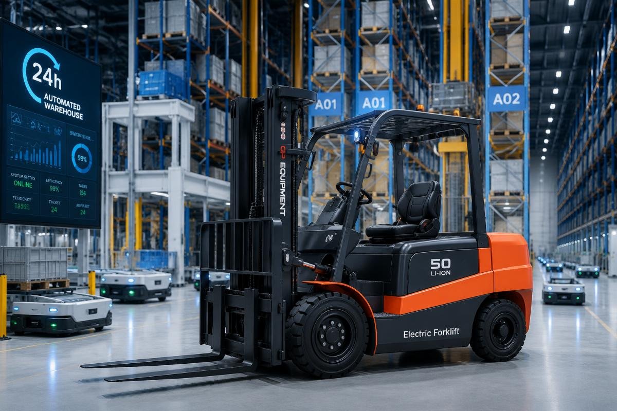 A 5 ton electric forklift operating in a large 24h automated warehouse