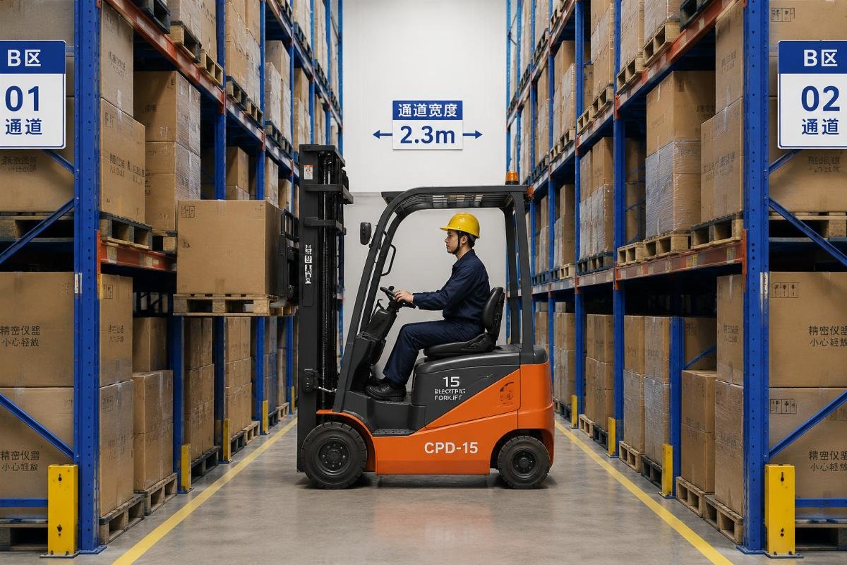 A 1.5 ton electric forklift operating smoothly in a 2.3 meter narrow warehouse aisle