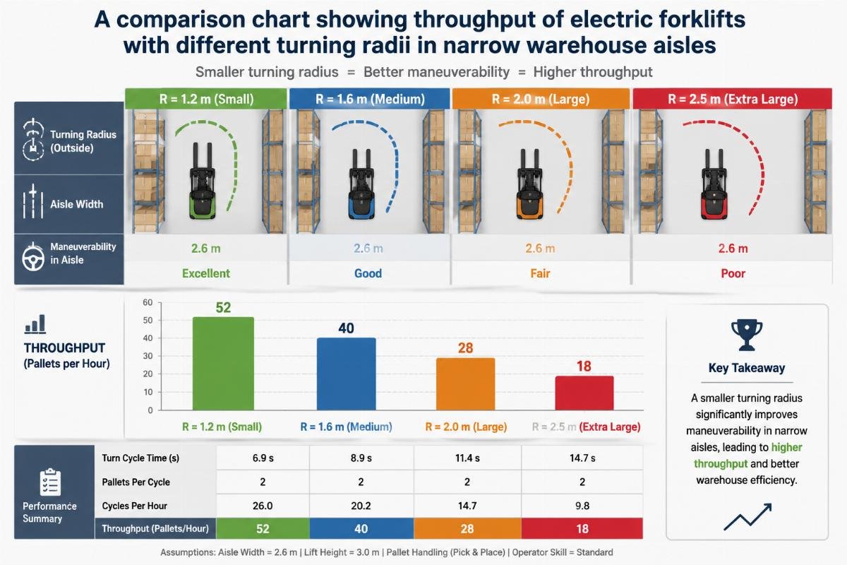 A comparison chart showing throughput of electric forklifts with different turning radii in narrow warehouse aisles