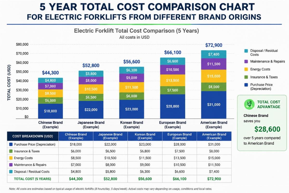 A 5 year total cost comparison chart for electric forklifts from different brand origins