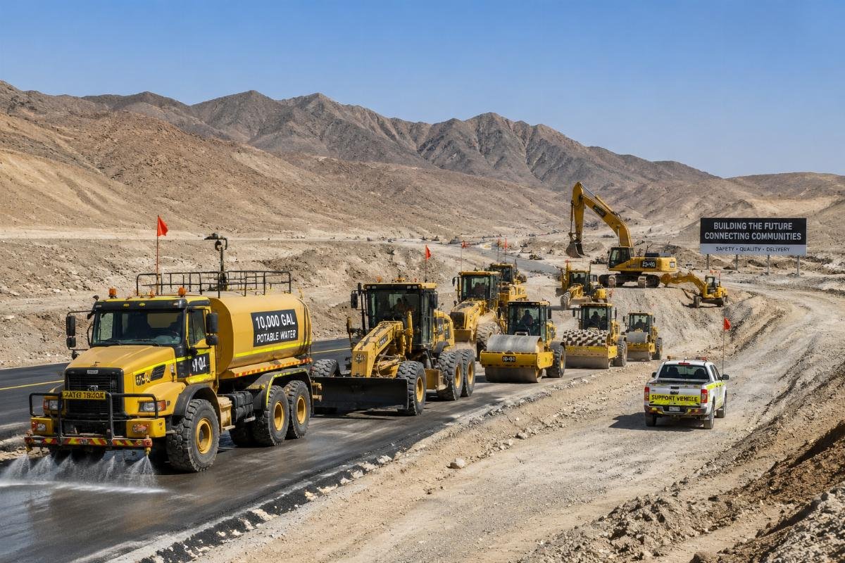 Fleet of construction equipment deployed at a remote Middle Eastern highway construction site