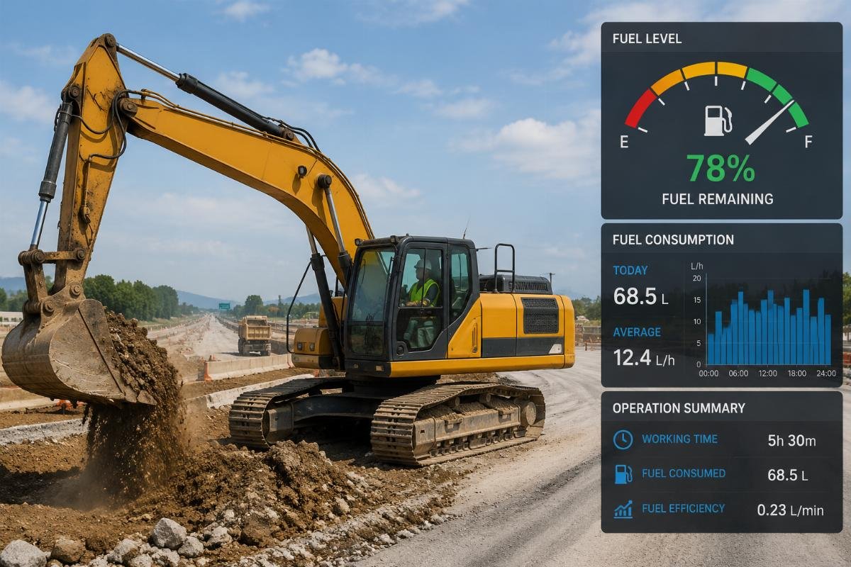 Excavator working on a road construction site with visible fuel level gauge