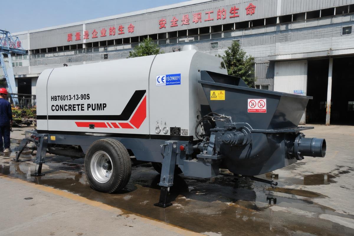A certified trailer-mounted stationary concrete pump staged at a factory testing yard before delivery