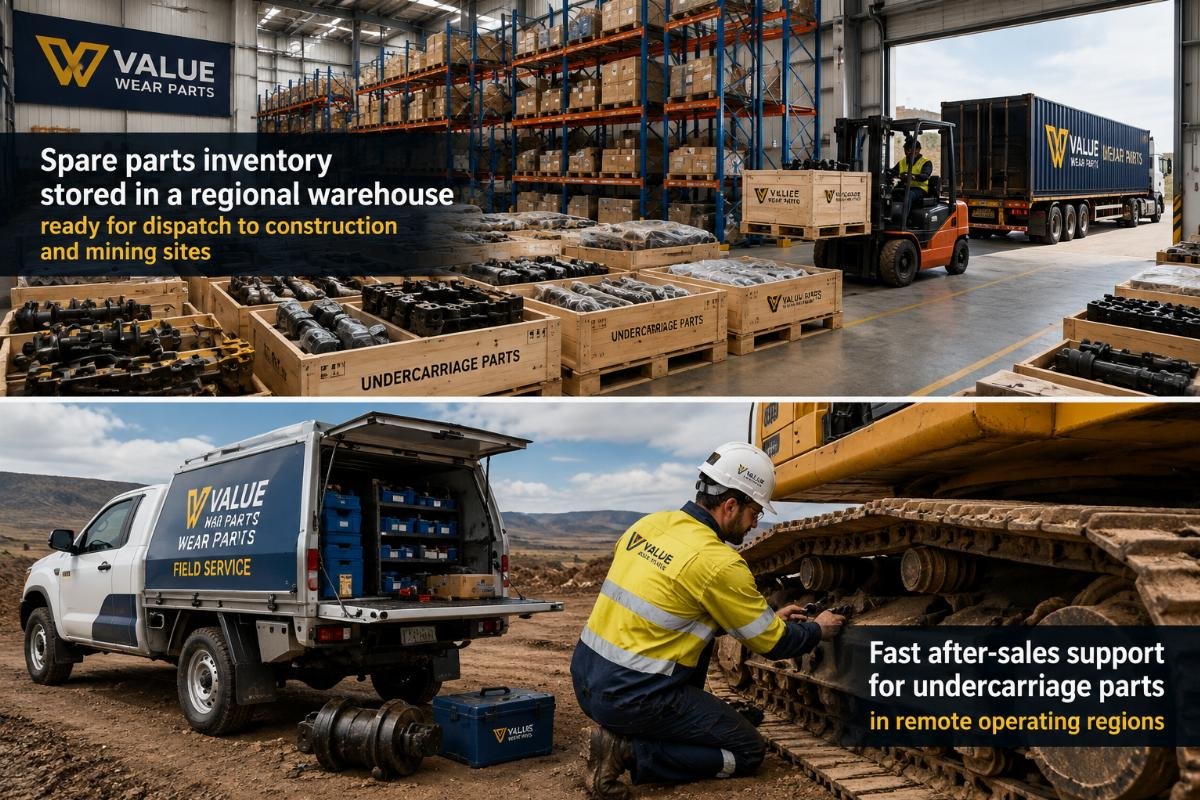 Spare parts inventory stored in a regional warehouse ready for dispatch to construction and mining sites