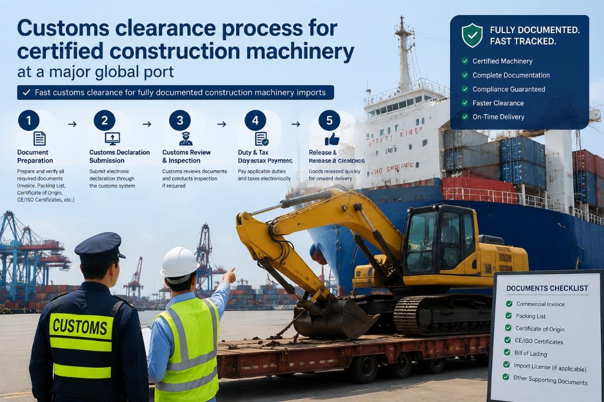 Customs clearance process for certified construction machinery at a major global port