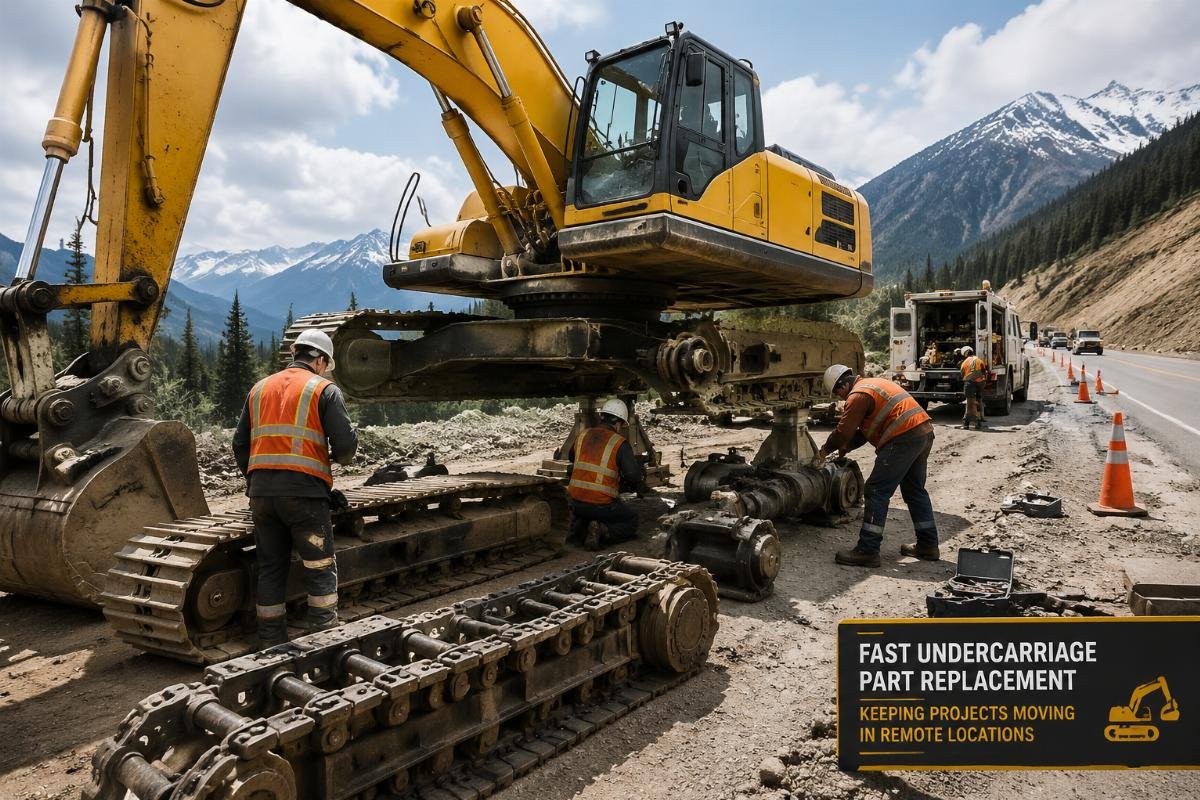 Construction crew replacing undercarriage parts on an excavator at a remote highway construction site