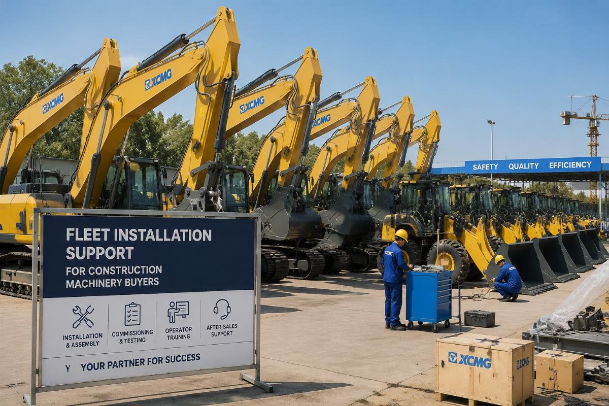 A fleet of newly delivered construction machinery sits ready for commissioning at a project staging yard