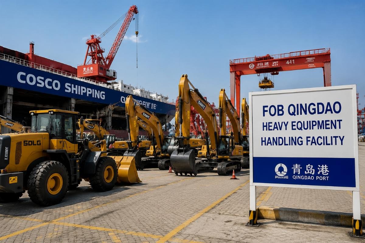 Heavy construction equipment staged at dedicated Qingdao port handling yard
