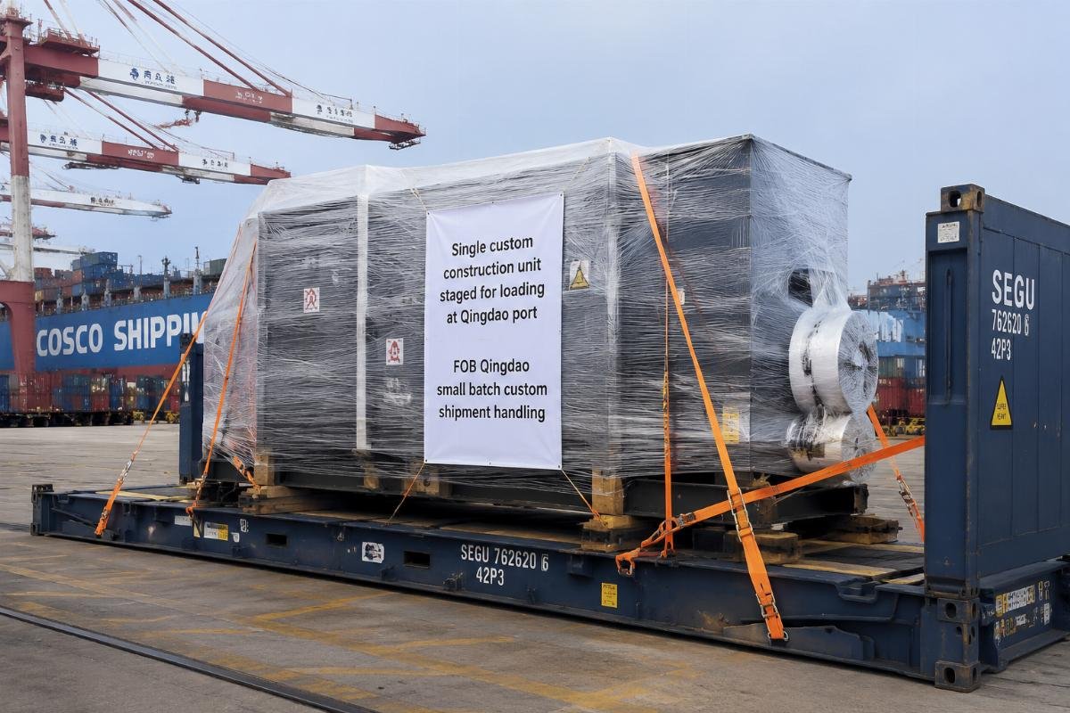 Single custom construction unit staged for loading at Qingdao port