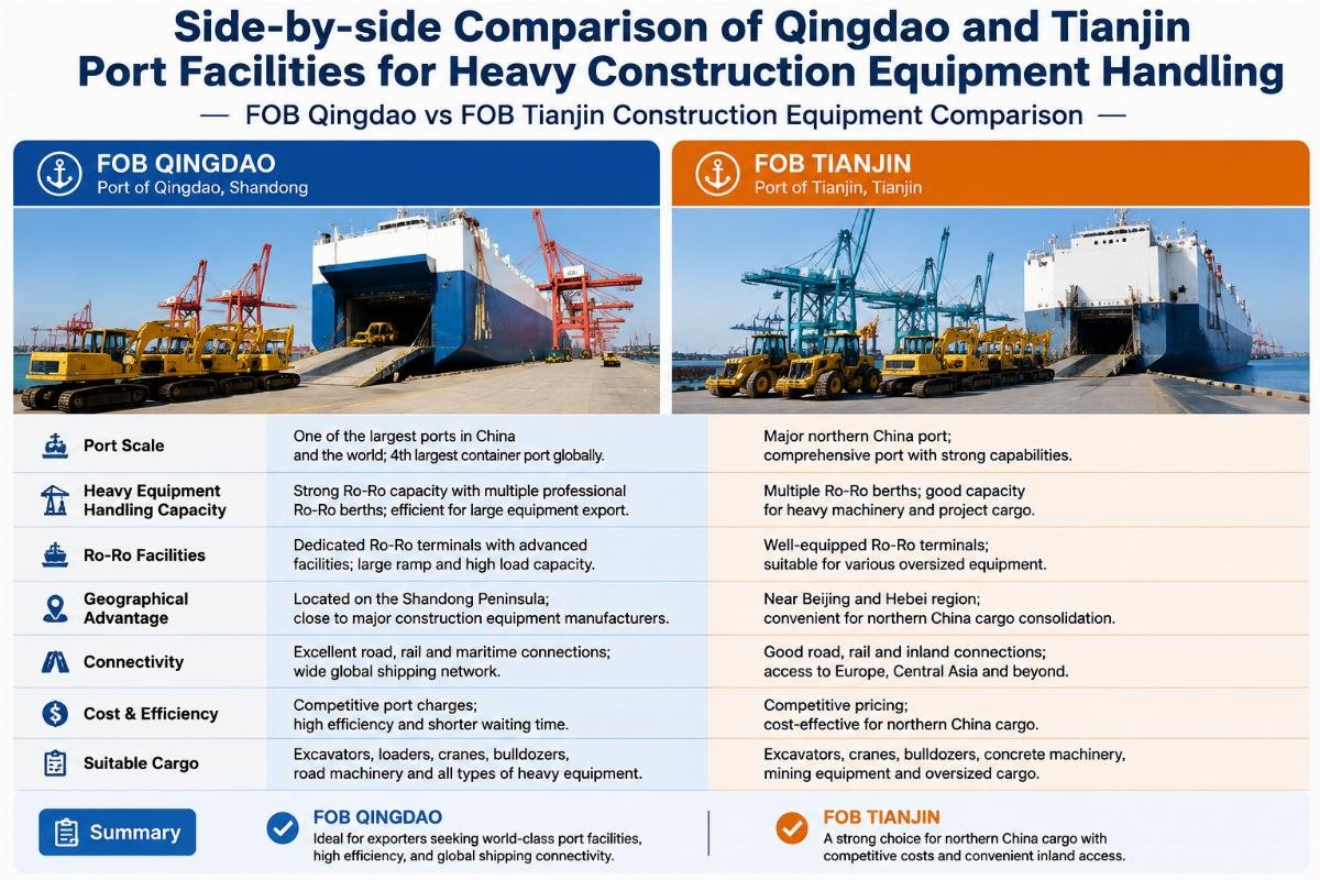Side-by-side comparison of Qingdao and Tianjin port facilities for heavy construction equipment handling