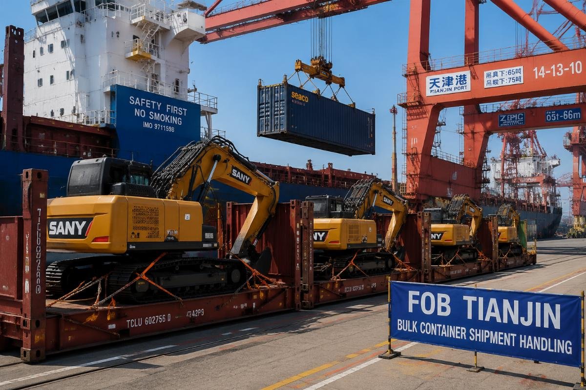 Bulk containerized construction equipment staged for loading at Tianjin port