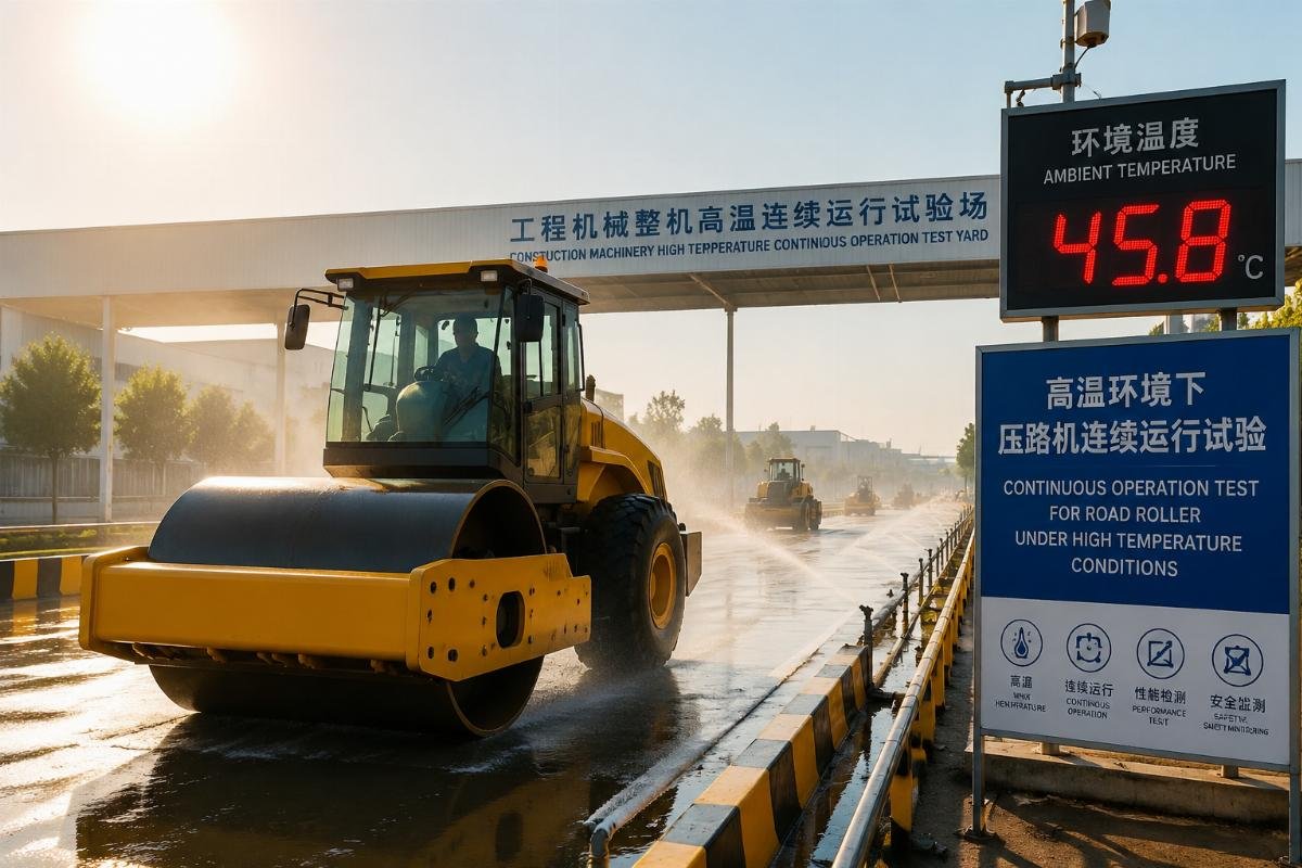 Factory testing yard running continuous operation test for a road roller under high temperature conditions