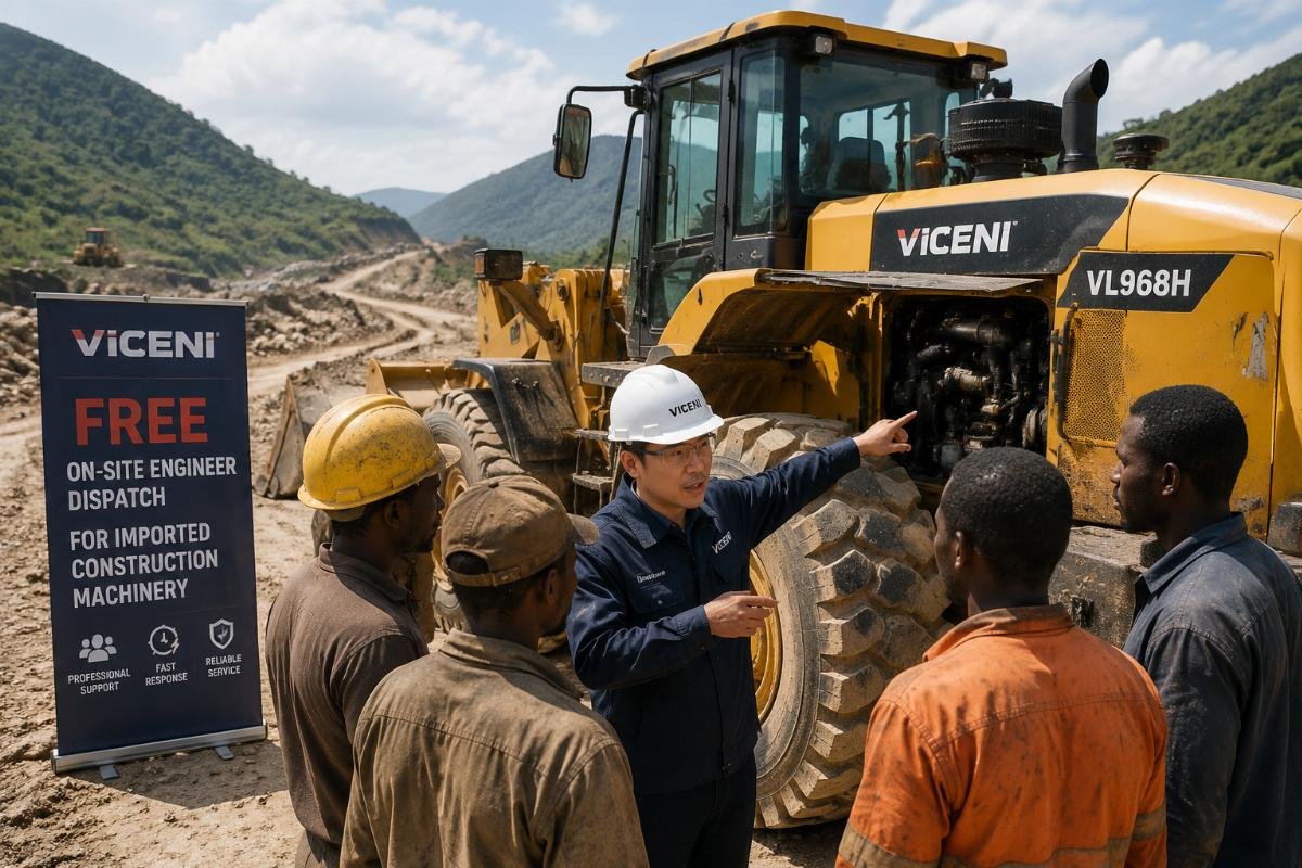 Free on-site engineer dispatch for imported construction machinery A certified engineer from Viceni guides a local work team through on-site commissioning of a wheel loader at a remote road construction site