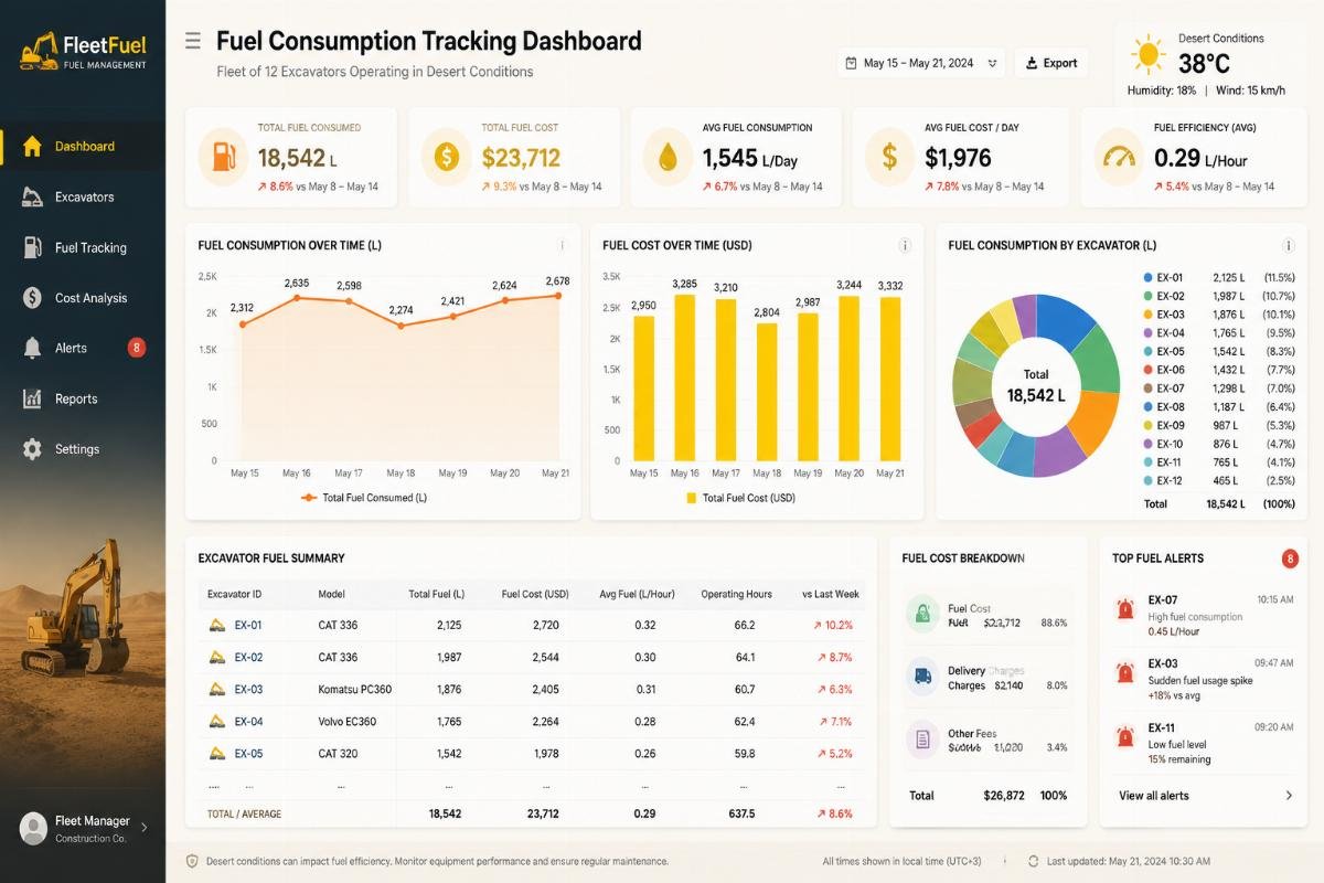 Fuel consumption tracking dashboard for a fleet of 12 excavators operating in desert conditions