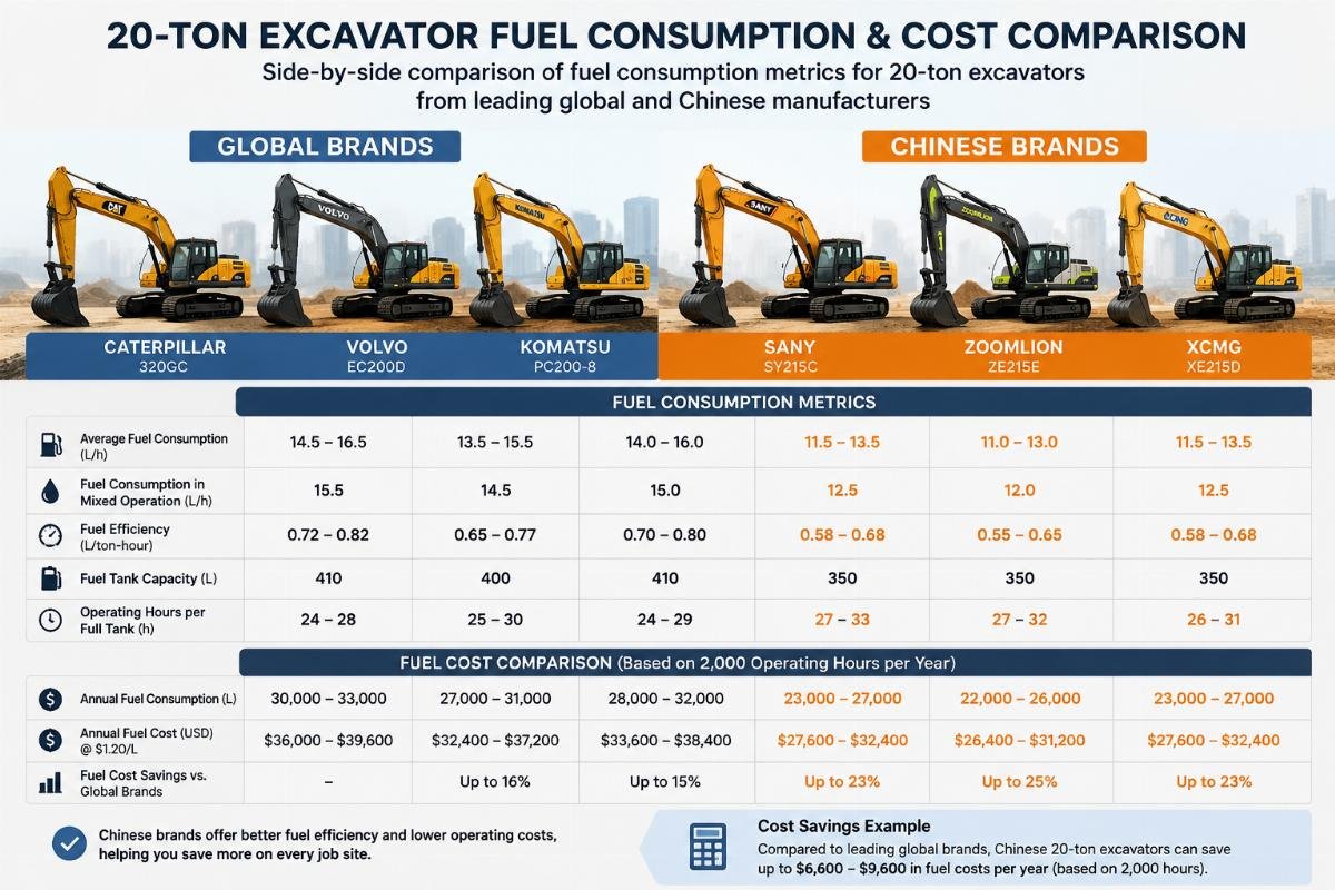 Side-by-side comparison of fuel consumption metrics for 20-ton excavators from leading global and Chinese manufacturers