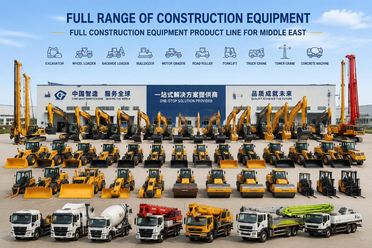 Full range of construction equipment lined up at a Chinese manufacturer factory yard