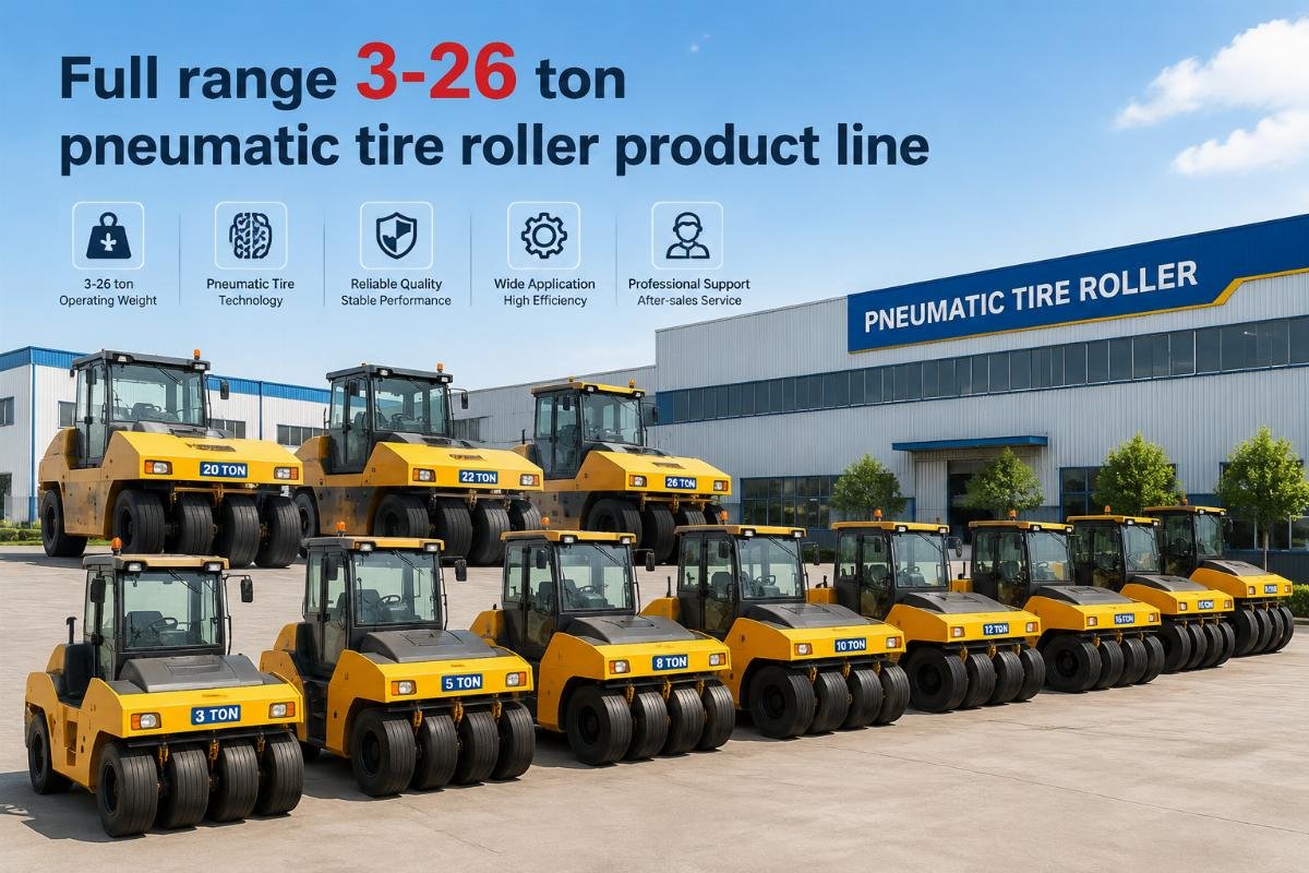 Full range 3-26 ton pneumatic tire roller product line Multiple pneumatic tire rollers of different tonnages arranged in a supplier's production yard