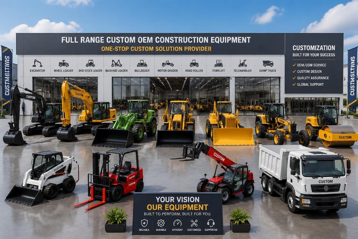A full display of different custom construction vehicle categories at a factory showroom
