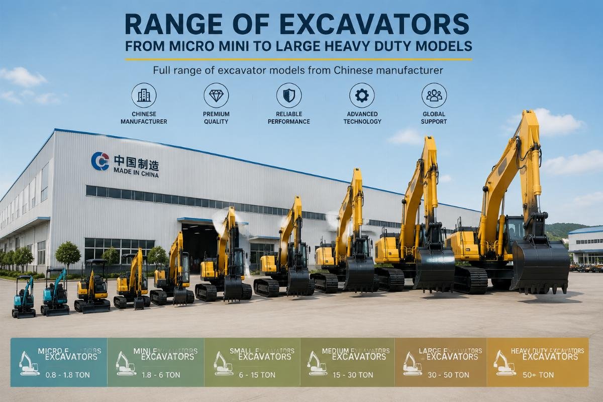 Range of excavators from micro mini to large heavy duty models at a manufacturing facility