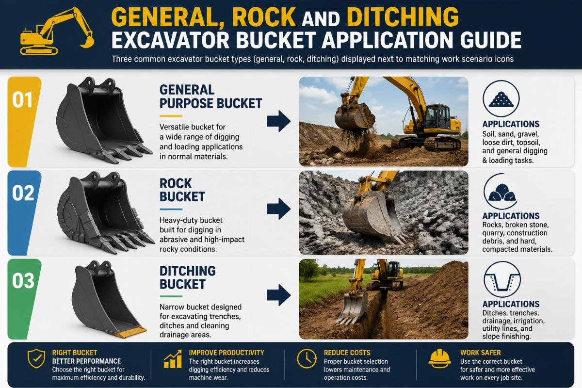 General, rock and ditching excavator bucket application guide Three common excavator bucket types (general, rock, ditching) displayed next to matching work scenario icons