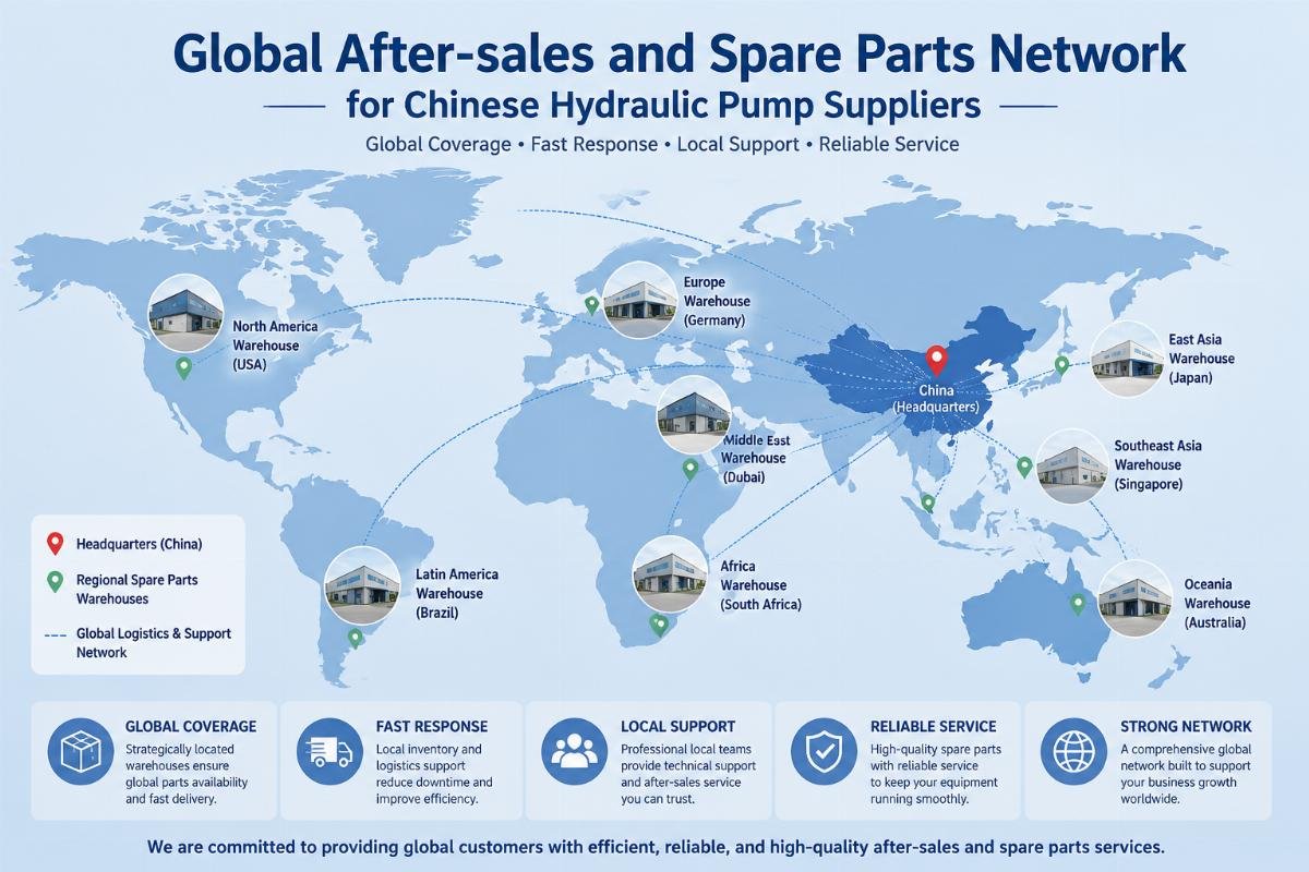 A global map showing locations of regional spare parts warehouses for Chinese hydraulic pump exporters
