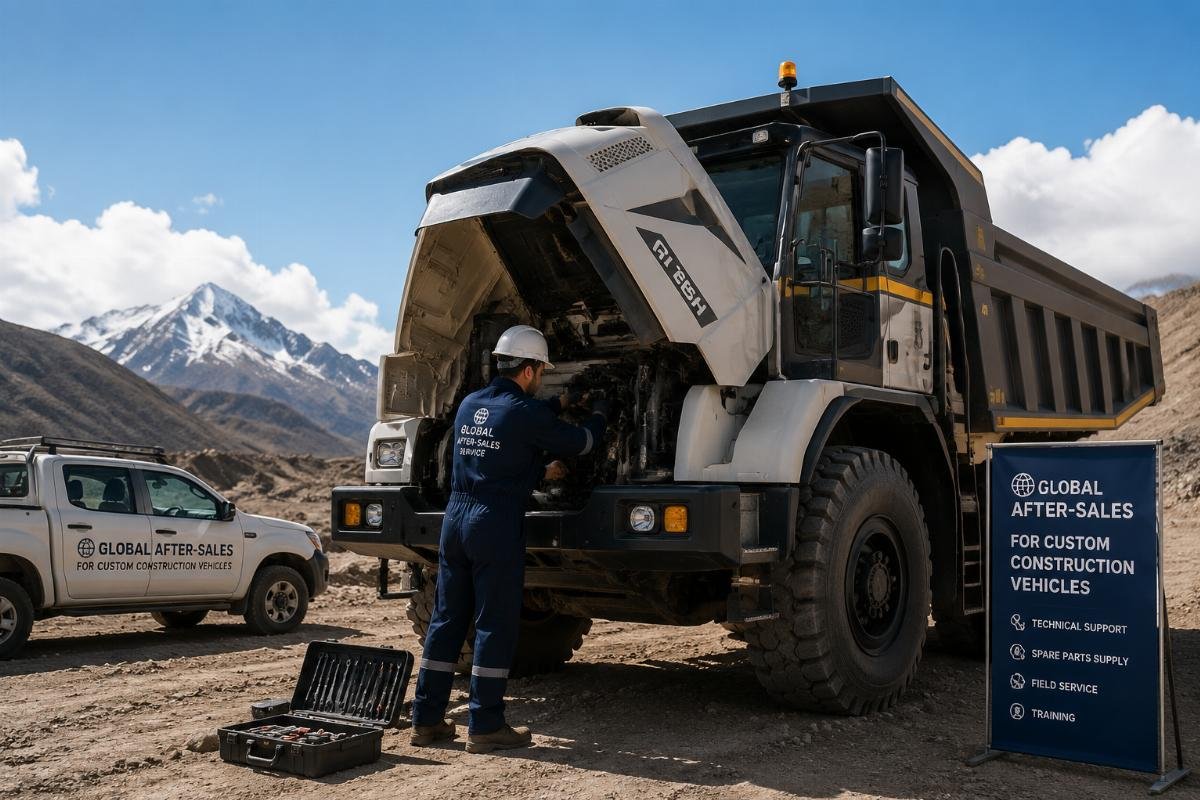 A technician performing maintenance on a custom dump truck at a remote worksite