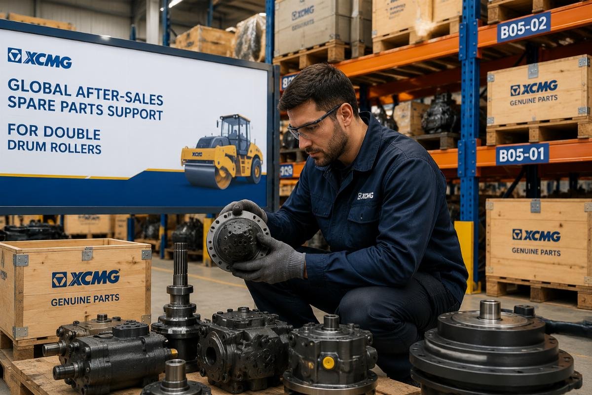 A technician checking double drum vibratory roller components at an overseas manufacturer spare parts warehouse
