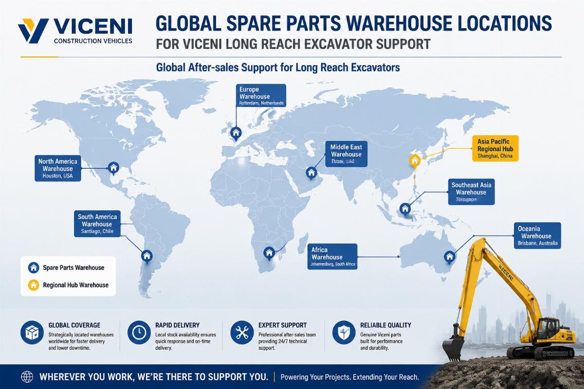 global after-sales support for long reach excavators Map showing global spare parts warehouse locations for Viceni Construction Vehicles long reach excavator support