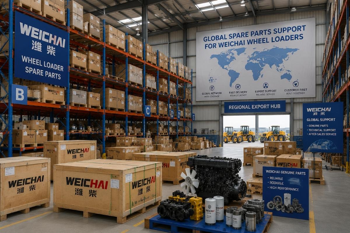 A spare parts warehouse for Weichai engine wheel loaders in a regional export hub