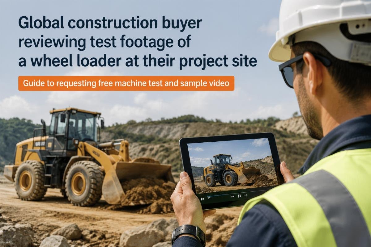 Global construction buyer reviewing test footage of a wheel loader at their project site