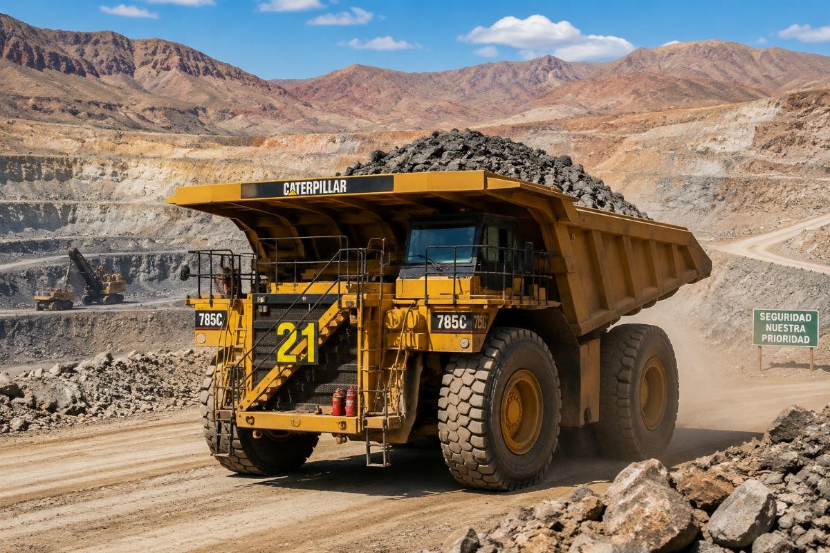 Heavy construction equipment used for mining operations Heavy mining dump truck operating at an open-pit mine site in Latin America