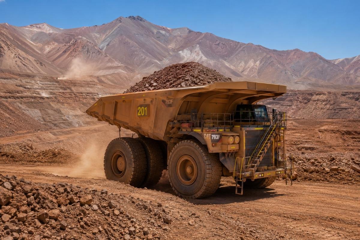 Heavy duty off-road dump truck operating at a copper mining site in northern Chile