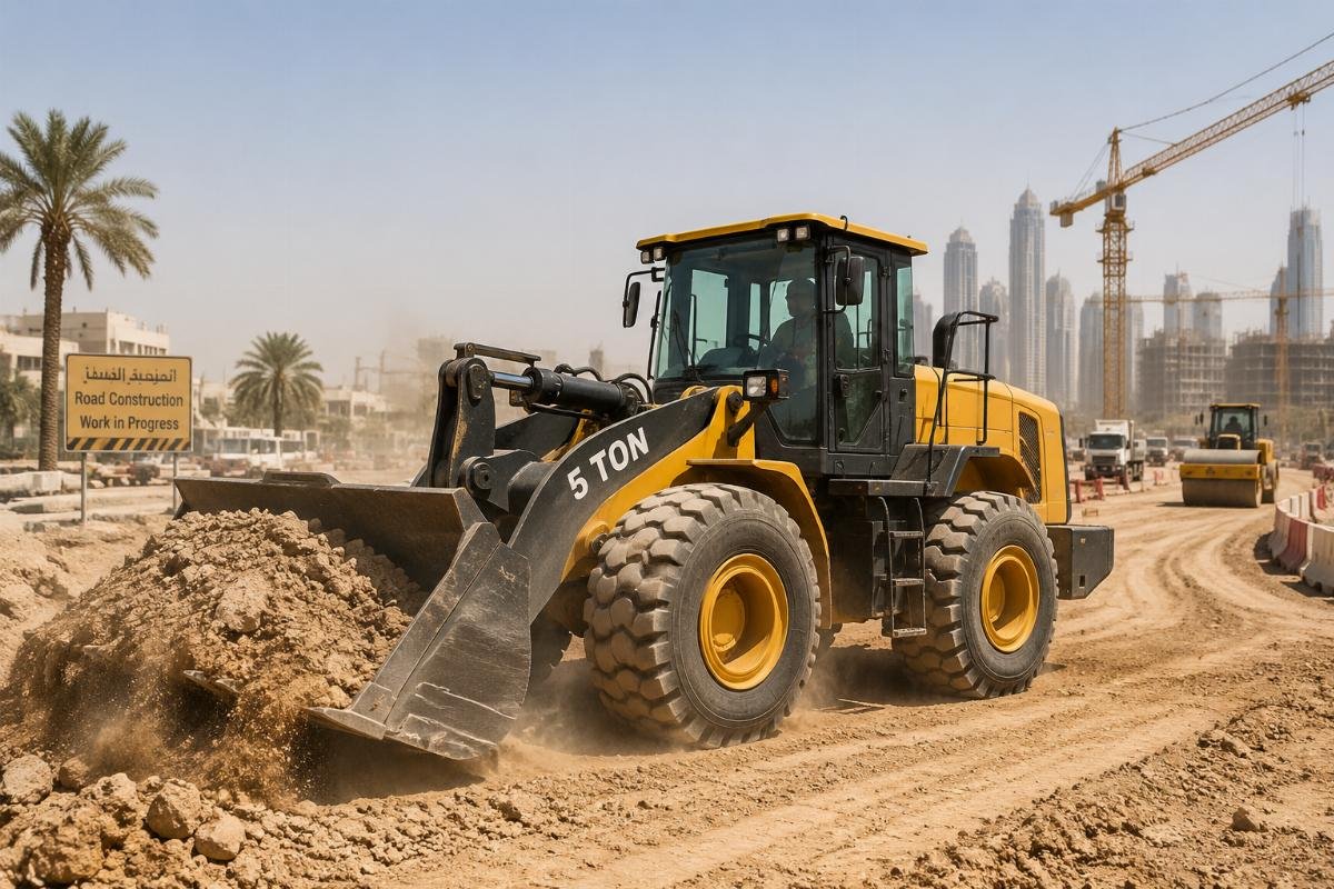 A heavy-duty 5-ton wheel loader operating on a hot, dusty road construction site in the Middle East