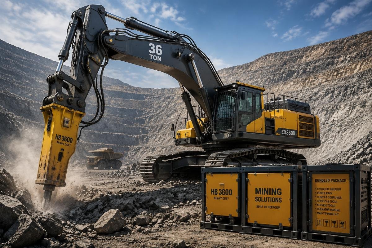 Heavy-duty bundled package for mining operations 36-ton excavator with heavy-duty hydraulic breaker operating in open-pit mine