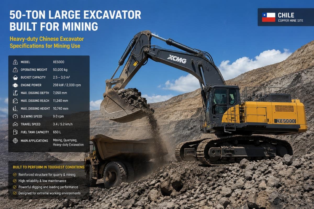 50-ton large excavator operating at open-pit mining site in Chile