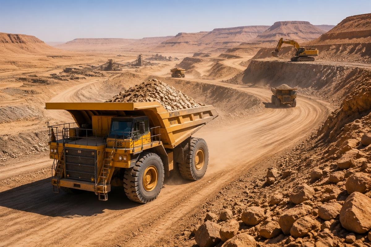 Off-highway dump trucks operating at an open pit mine in desert terrain