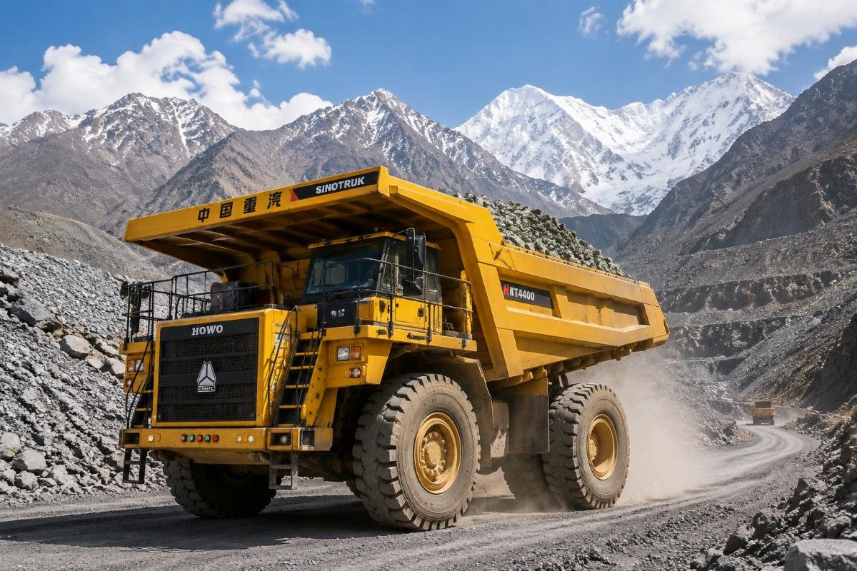 Heavy-duty Chinese mining dump truck operating at a high-altitude quarry site