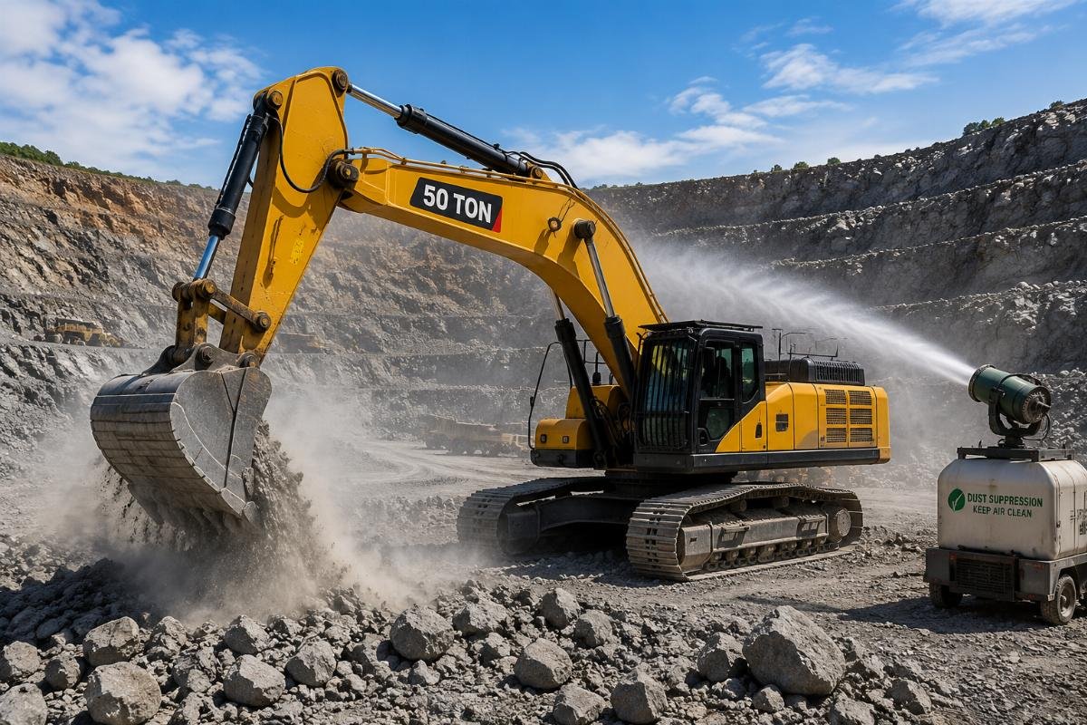 50-ton excavator operating at an open pit quarry site with dust suppression equipment in use