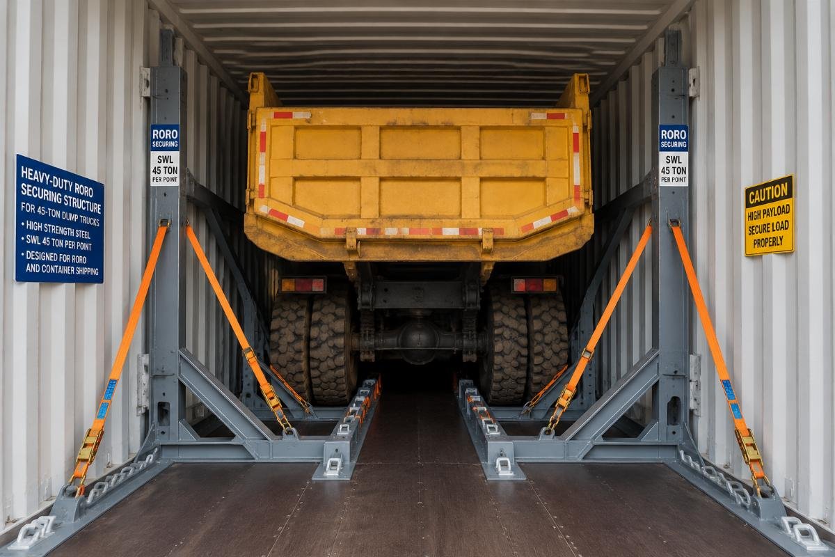 Heavy-duty RORO securing structure installed inside a container for 45-ton dump trucks