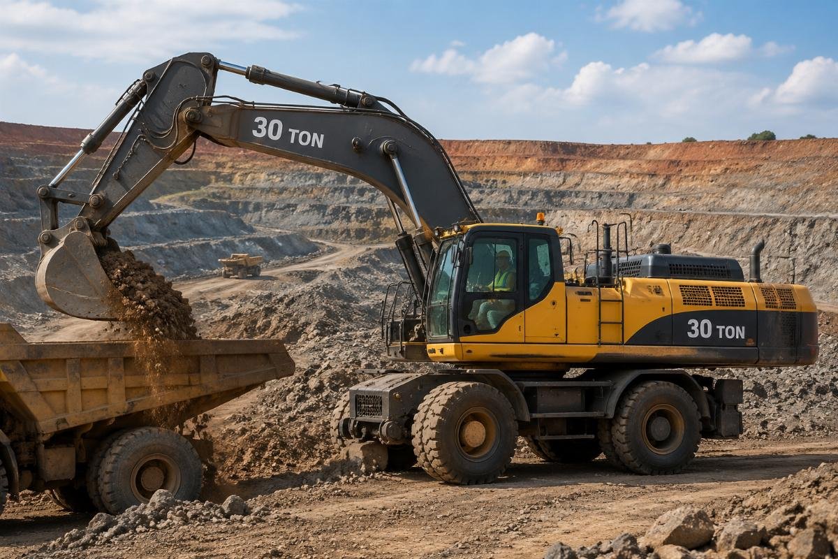 Heavy duty wheel excavator for mining operations A 30-ton heavy-duty wheel excavator operating in an African open pit mine