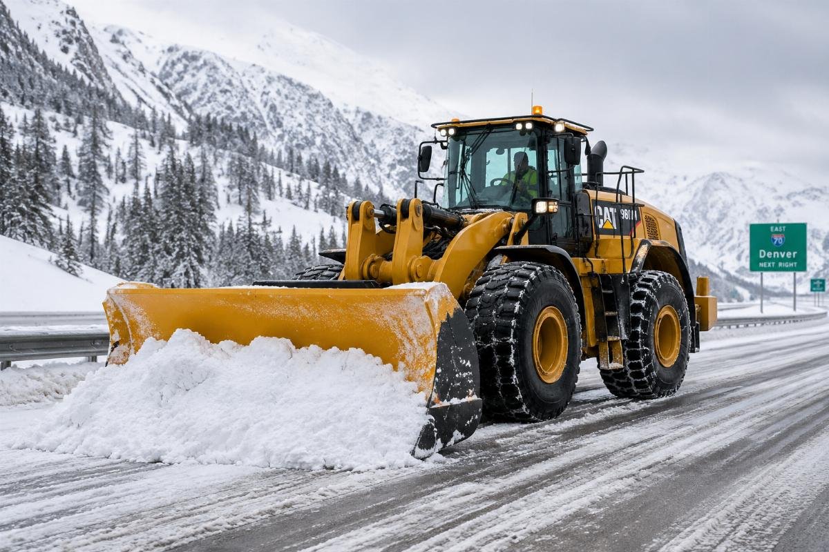 A heavy duty wheel loader with snow blade clearing a main highway after a heavy snowfall