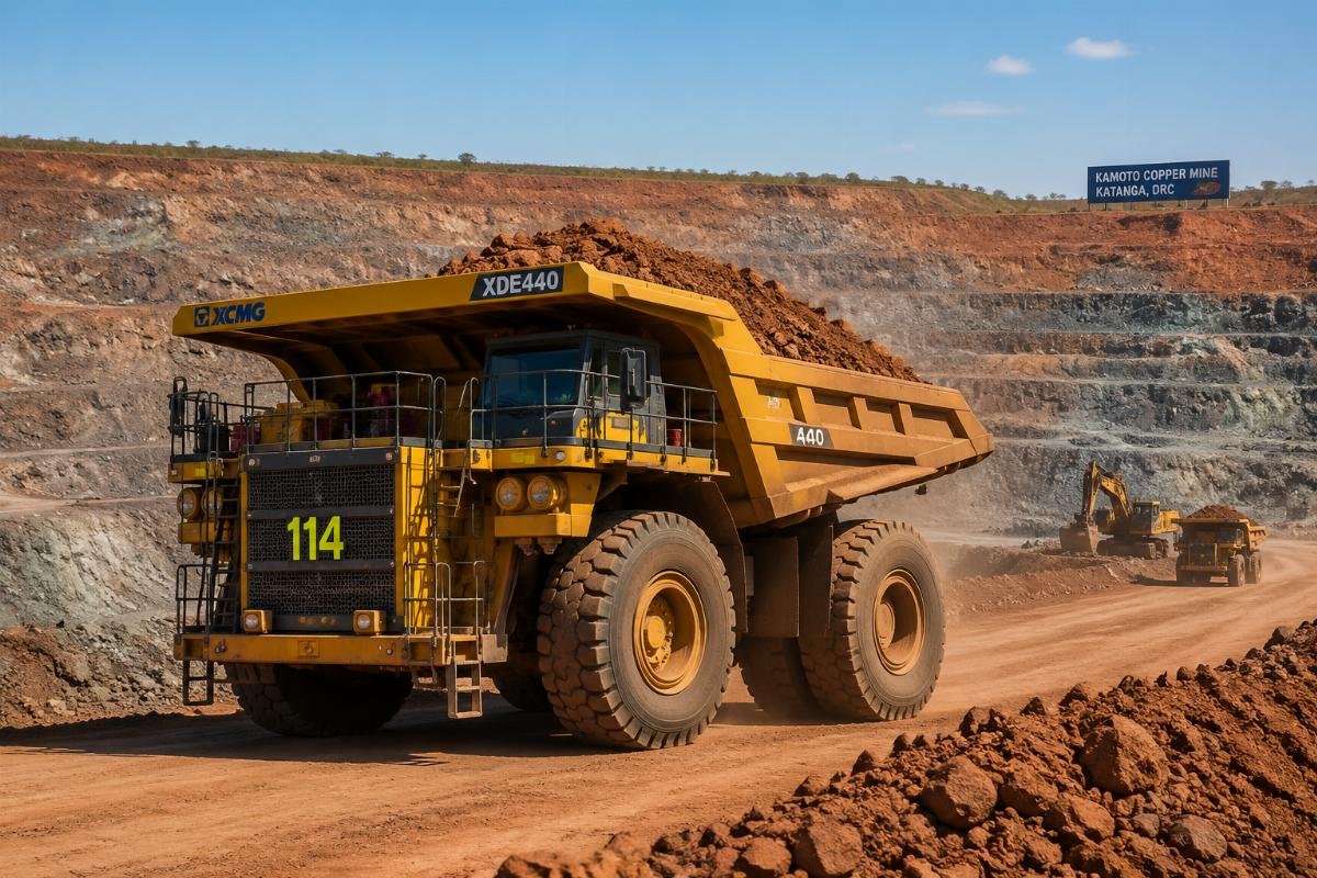 High-payload mining dump truck operating at an open-pit copper mine in Africa
