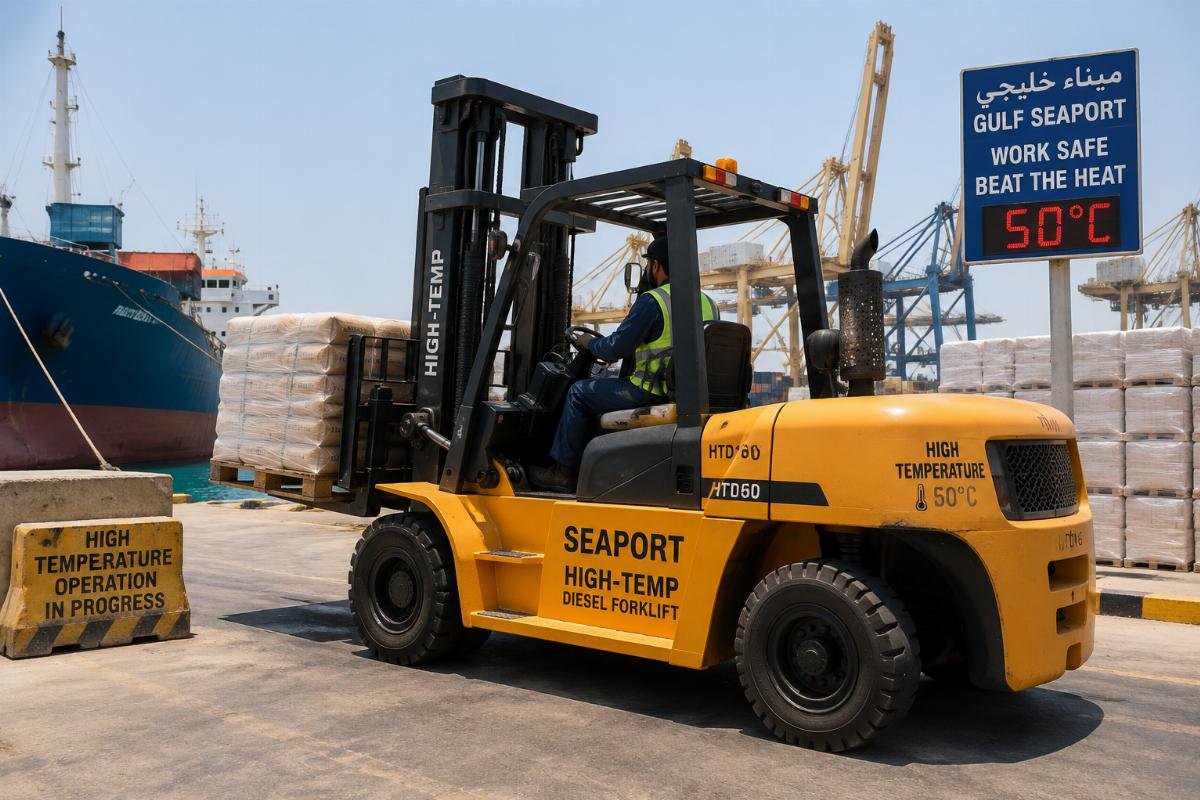 Custom high-temperature diesel forklift operating in a Middle Eastern seaport