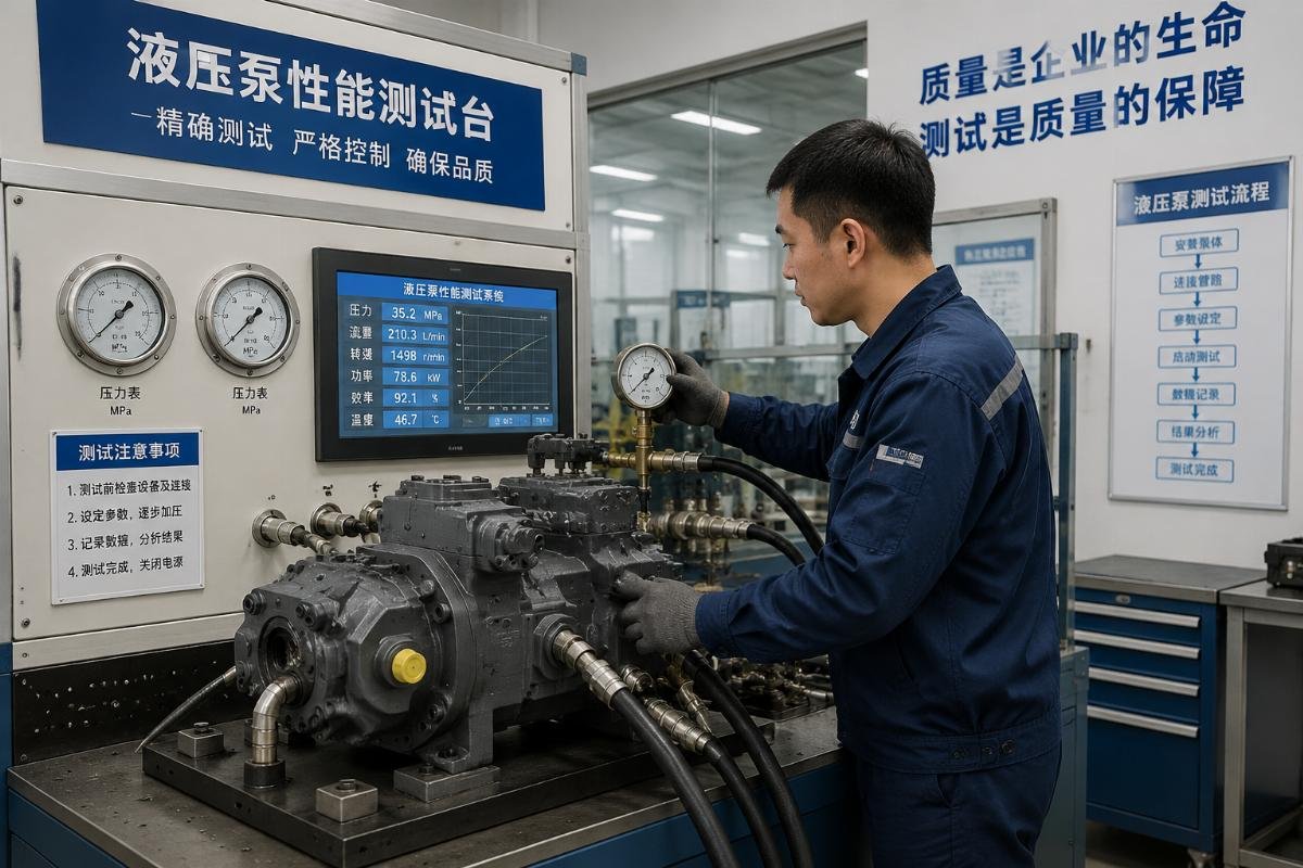 A technician conducting pressure testing on a compatible excavator hydraulic pump in a Chinese factory lab