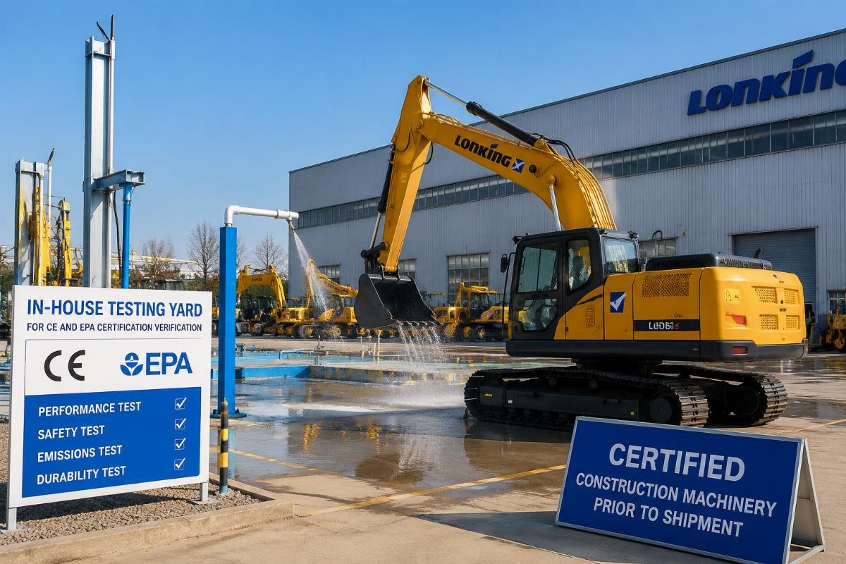 Certified construction machinery on a manufacturer testing yard prior to shipment