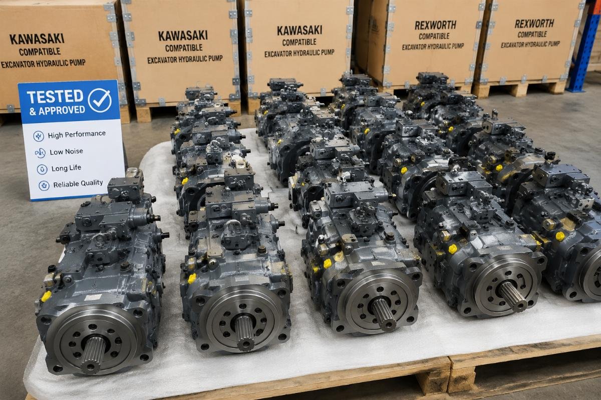 A batch of tested Kawasaki and Rexworth compatible excavator hydraulic pumps ready for packaging