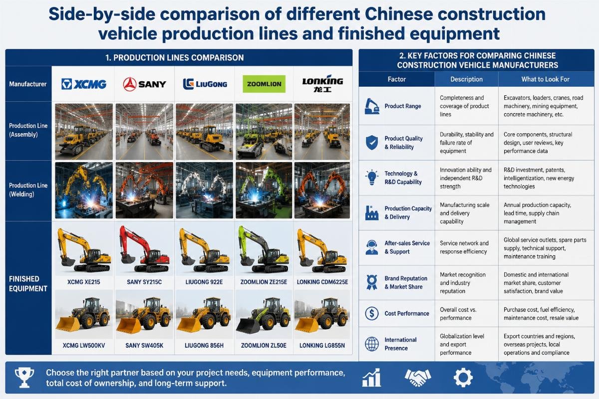 Side-by-side comparison of different Chinese construction vehicle production lines and finished equipment