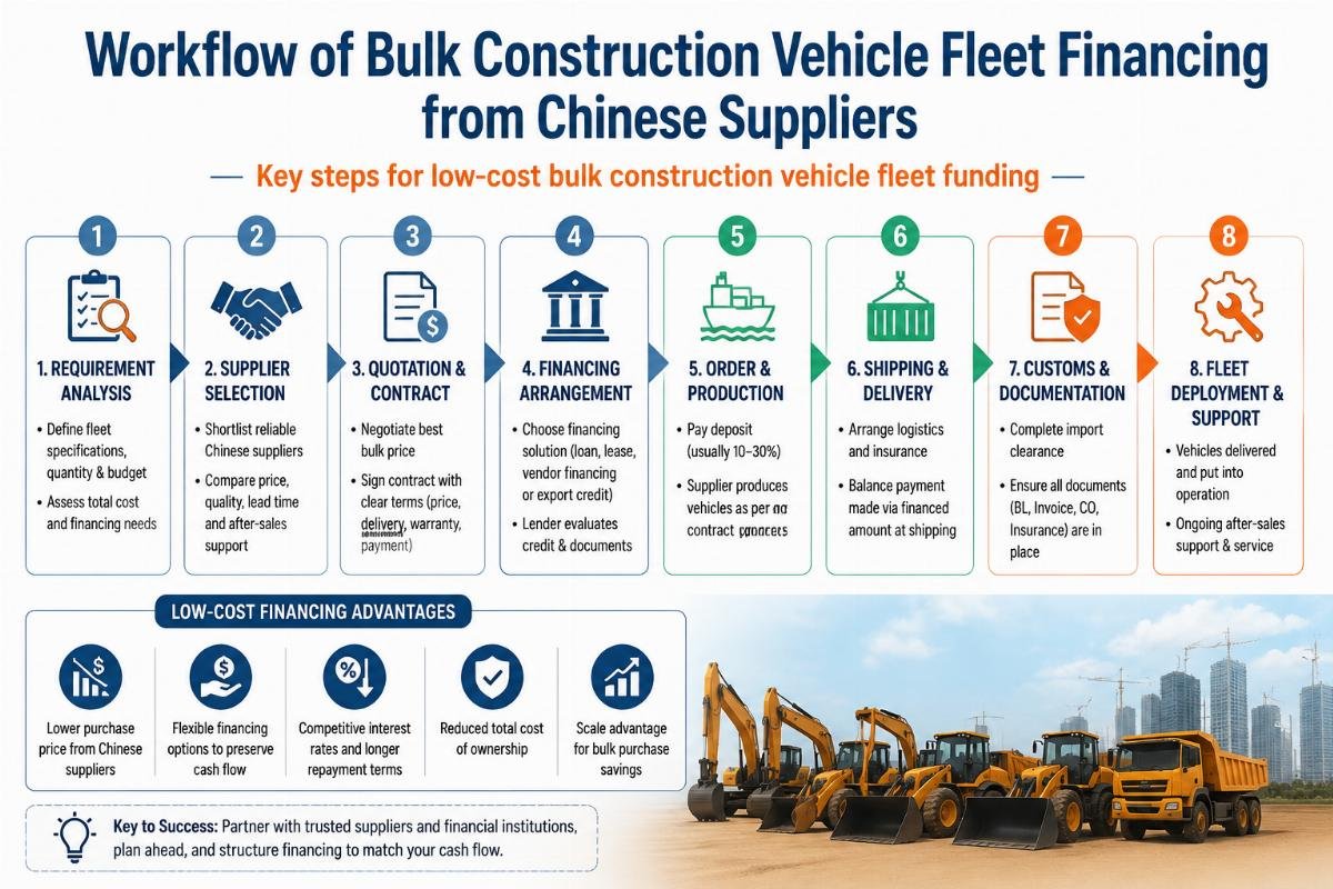 Workflow of bulk construction vehicle fleet financing from Chinese suppliers